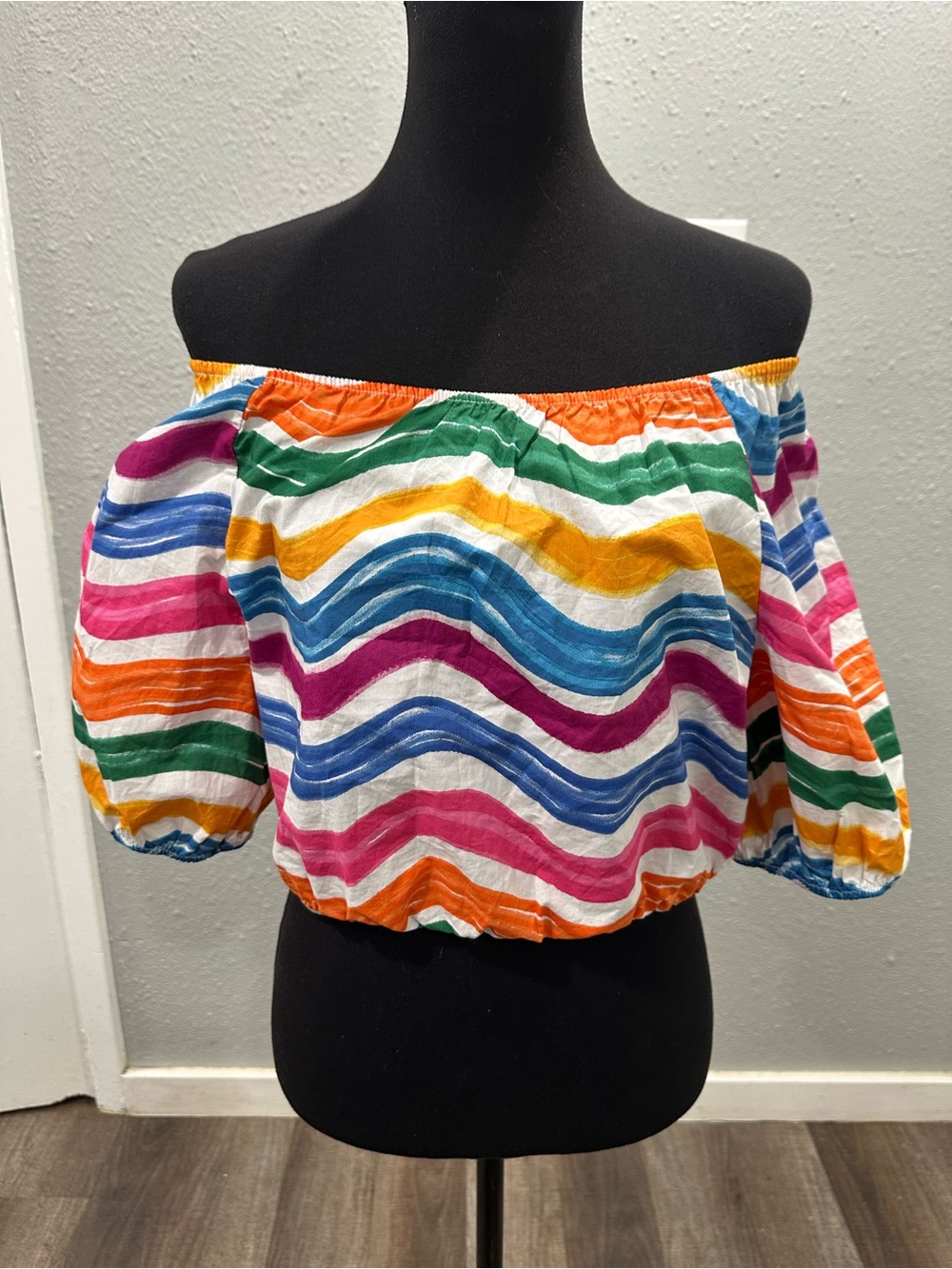 New Rachel Zoe Off The Shoulder Crop Top Sz Medium Balloon Sleeve Rainbow Stripe